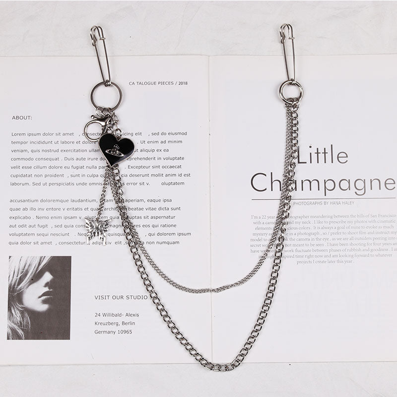 Cute Womens Jeans Chain with Safety Pin Silver Double Layers Heart Wallet Chains Jeans Chain For Women