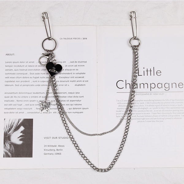 Cute Womens Jeans Chain with Safety Pin Silver Double Layers Heart Wallet Chains Jeans Chain For Women