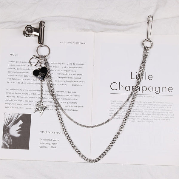 Cute Womens Jeans Chain with Safety Pin Bulldog Clip Silver Double Layers Heart Wallet Chains Jeans Chain For Women