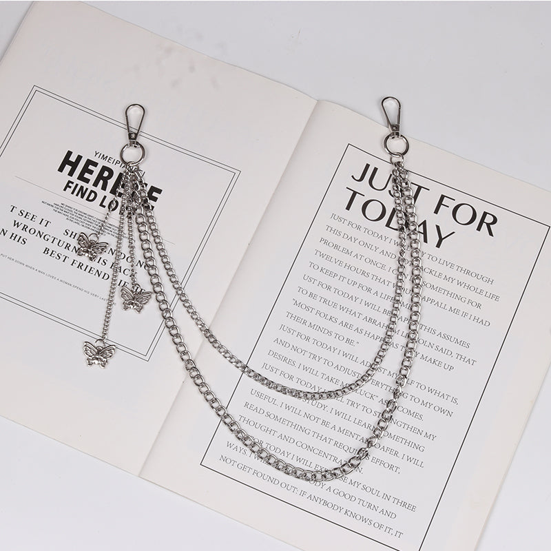 Cute Womens Jeans Chain Silver Double Layers With Butterfly Charms Wallet Chains For Women