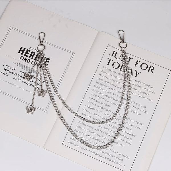 Cute Womens Jeans Chain Silver Double Layers With Butterfly Charms Wallet Chains For Women