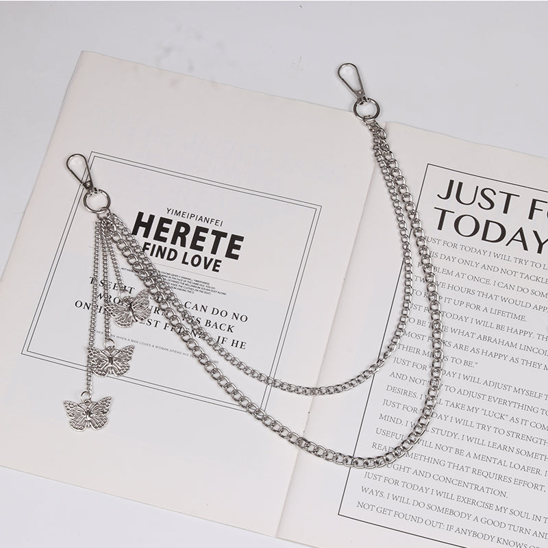 Cute Womens Jeans Chain Silver Double Layers With Big Butterflys Charms Wallet Chains For Women
