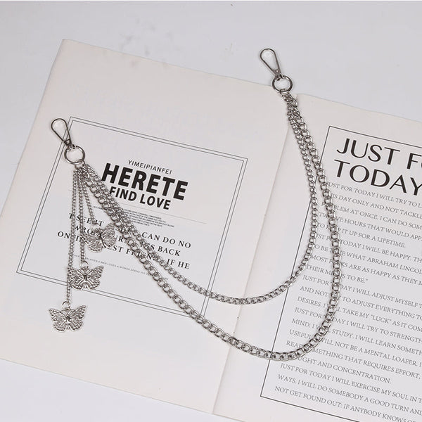 Cute Womens Jeans Chain Silver Double Layers With Big Butterflys Charms Wallet Chains For Women