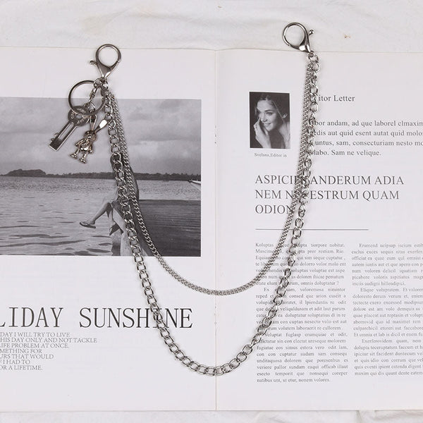 Cute Womens Jeans Chain Silver Double Layers With Bunny Charms Wallet Chains For Women