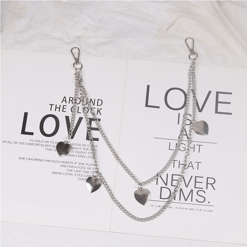 Cute Womens Jeans Chain Silver Double Layers With Heart Charms Wallet Chains For Women