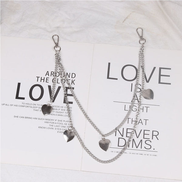 Cute Womens Jeans Chain Silver Double Layers With Heart Charms Wallet Chains For Women