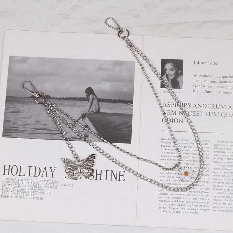 Cute Womens Jeans Chain Silver Double Layers With Butterfly Charm Pants Chain For Women