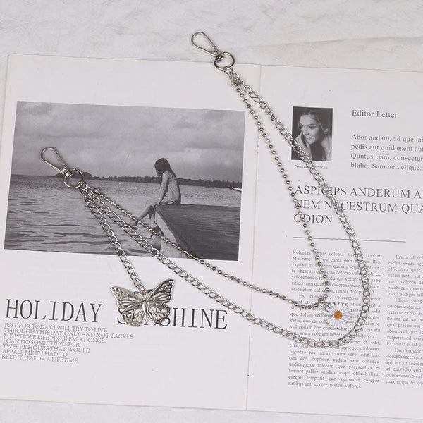 Cute Womens Jeans Chain Silver Double Layers With Butterfly Charm Pants Chain For Women