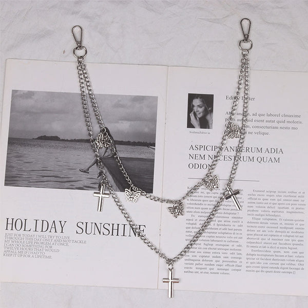 Cute Womens Jeans Chain Silver Double Layers With Butterfly&Cross Charms Pants Chain For Women