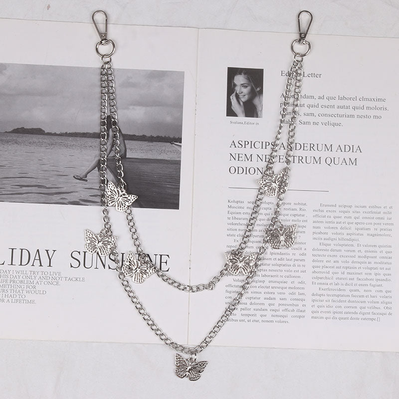 Cute Womens Jeans Chains Silver Double Layers With Butterfly Charms Pants Chain For Women