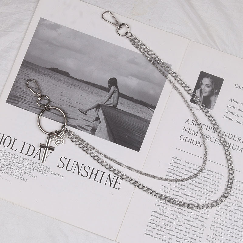 Cute Womens Jeans Chains Silver Double Layers With Butterfly&Cross Charm Pants Chain For Women
