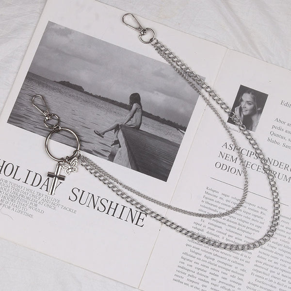 Cute Womens Jeans Chains Silver Double Layers With Butterfly&Cross Charm Pants Chain For Women