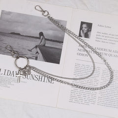 Cute Womens Jeans Chains Silver Double Layers With Butterfly&Cross Charm Pants Chain For Women