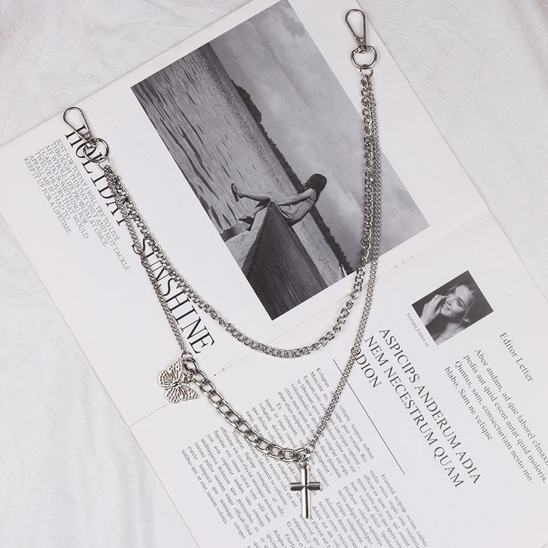 Womens Jeans Chains Silver Double Layers With Butterfly&Cross Charm Cute Pants Chain For Women