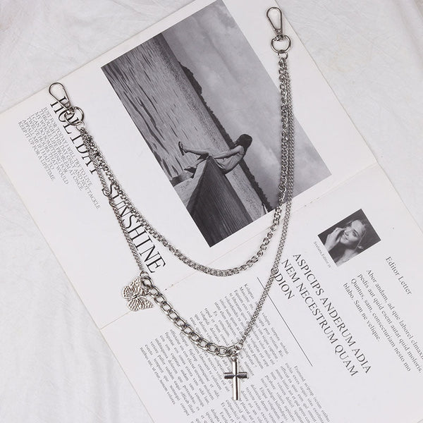 Womens Jeans Chains Silver Double Layers With Butterfly&Cross Charm Cute Pants Chain For Women