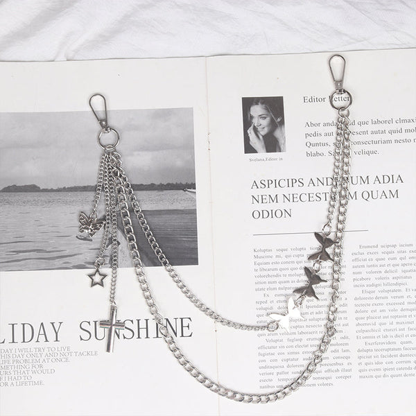 Womens Jeans Chains Silver Double Layers With Butterfly&Cross&Star Charms Cute Pants Chain For Women
