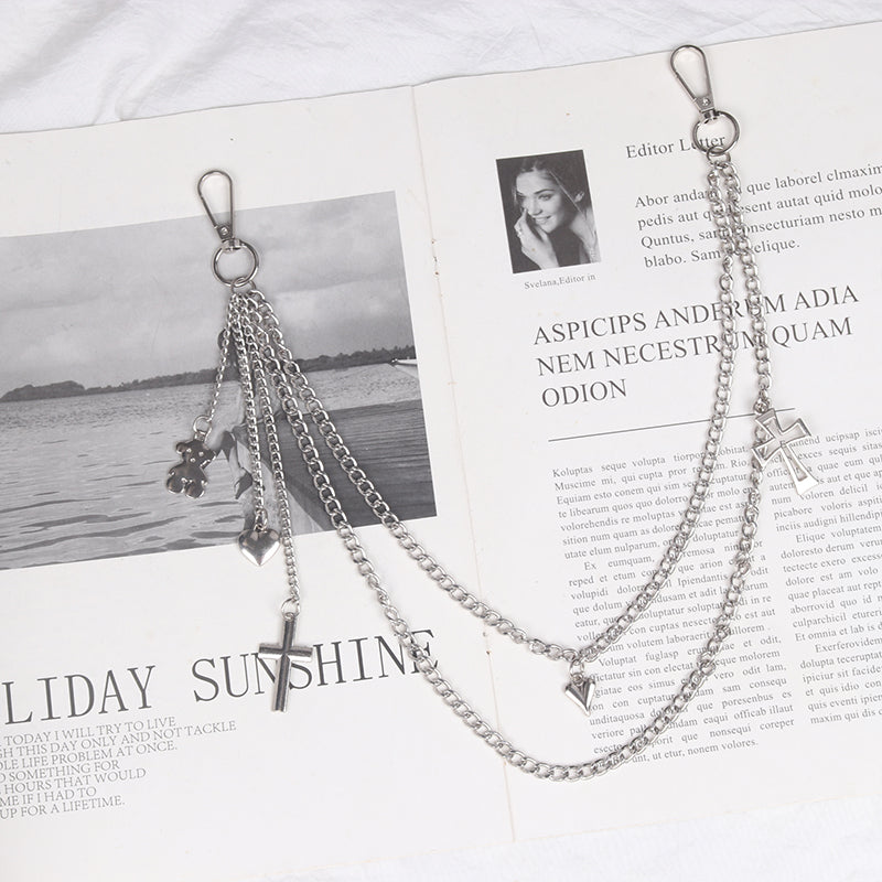 Womens Jeans Chains Silver Double Layers With Bear&Cross&Heart Charms Cute Pants Chain For Women