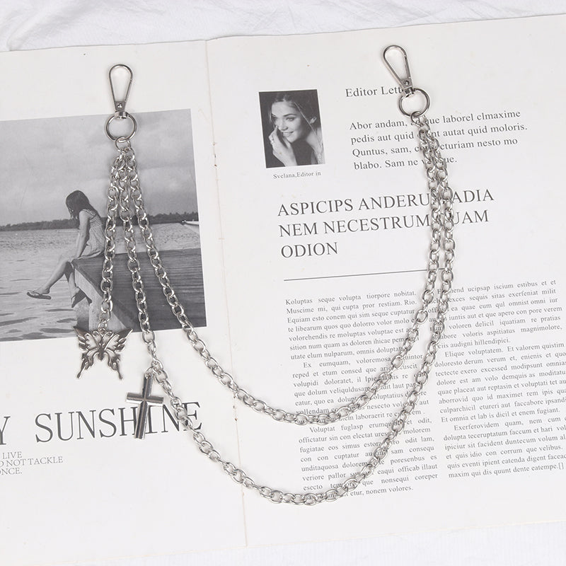 Womens Jeans Chains Double Layers With Butterfly&Cross Charms Cute Silver Pants Chain For Women