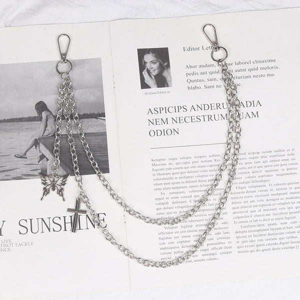 Womens Jeans Chains Double Layers With Butterfly&Cross Charms Cute Silver Pants Chain For Women