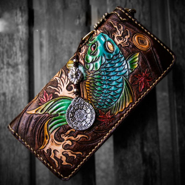 Handmade Leather Tooled Carp Mens Chain Biker Wallet Cool Leather Wallet Long Phone Wallets for Men - imessengerbags