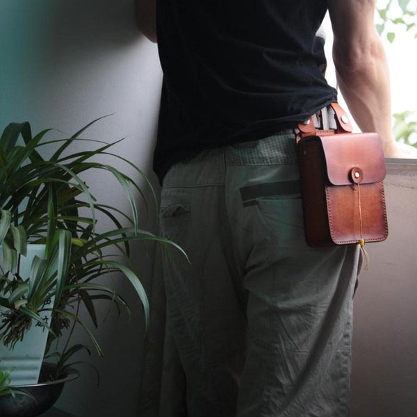 Handmade Leather Belt Pouch Mens Brown Waist Bag CIGARETTE Pouch for Men - imessengerbags