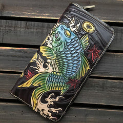 Black Handmade Tooled Leather Double Carp Clutch Long Wallet Zipper Wallet For Men - imessengerbags