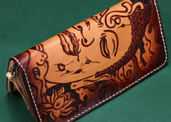 Handmade Leather Mens Clutch Wallet Cool Buddha&Demon Tooled Wallet Long Zipper Wallets for Men - imessengerbags