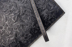 Handmade Leather Floral Tooled Mens Clutch Cool Slim Wallet Zipper Clutch Wristlet Wallet for Men - imessengerbags