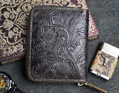 Handmade Leather Floral Mens Zipper Cool billfold Wallet Card Holder Small Card Slim Wallets for Men - imessengerbags