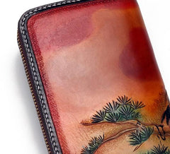 Handmade Leather Mens Clutch Wallet Cool Red-Crowned Crane Tooled Wallet Long Zipper Wallets for Men - imessengerbags