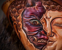 Handmade Leather Mens Clutch Wallet Cool Buddha&Demon Tooled Wallet Long Zipper Wallets for Men - imessengerbags