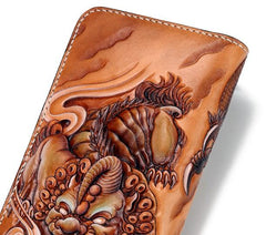 Handmade Leather Tooled Chinese Dragon Tiger Mens Chain Biker Wallet Cool Leather Wallet Zipper Long Phone Wallets for Men