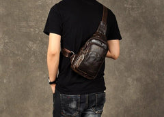 Genuine Leather Mens Cool Chest Bag Sling Bag Crossbody Bag Travel Bag Hiking Bag for men