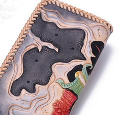 Handmade Leather Mens Clutch Wallet Cool Carp Tooled Wallet Long Zipper Wallets for Men - imessengerbags
