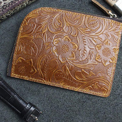 Handmade Leather Floral Mens Front Pocket Wallet Cool Slim Leather Wallet Men billfold Wallets Bifold for Men - imessengerbags