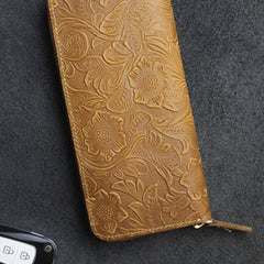 Handmade Leather Floral Mens Cool Travel Long Wallet Card Holder Card Slim Clutch Wallets for Men - imessengerbags