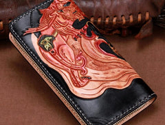 Handmade Leather Tooled Monster Mens Chain Biker Wallet Cool Leather Wallet Zipper Long Phone Wallets for Men