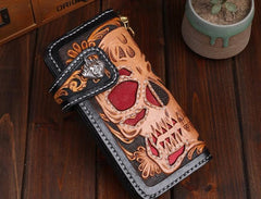 Handmade Leather Skull Mens Chain Biker Wallet Cool Leather Wallet Long Tooled Wallets for Men