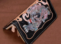 Handmade Leather Mens Clutch Wallet Cool Pixiu Tooled Wallet Long Zipper Wallets for Men - imessengerbags