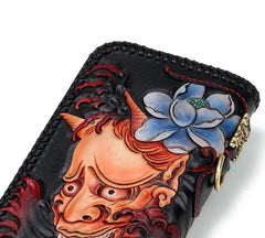 Handmade Leather Tooled Carp Prajna Mens Chain Biker Wallet Cool Leather Wallet Zipper Long Phone Wallets for Men - imessengerbags