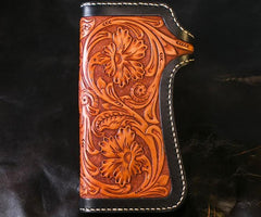 Handmade Mens Cool Tooled Boa Skin Floral Leather Chain Wallet Biker Trucker Wallet with Chain