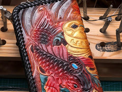 Handmade Leather Mens Clutch Wallet Cool Carp Tooled Wallet Long Zipper Wallets for Men - imessengerbags