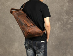 Genuine Leather Mens Cool Chest Bag Sling Bag Crossbody Bag Travel Bag Hiking Bag for men