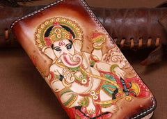 Handmade Leather Mens Clutch Wallet Cool Ganesha Tooled Wallet Long Zipper Wallets for Men - imessengerbags