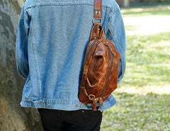 Genuine Leather Mens Cool Chest Bag Sling Bag Crossbody Bag Travel Bag Hiking Bag for men - imessengerbags