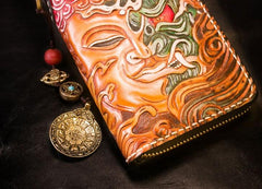Handmade Leather Tooled Buddha Mens Chain Biker Wallet Cool Leather Wallet Long Phone Wallets for Men - imessengerbags