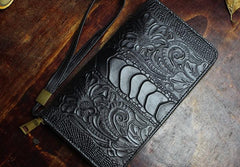 Handmade Leather Mens Tooled Floral Cool Zipper Phone Travel Long Wallet Card Holder Card Slim Clutch Wallets for Men - imessengerbags