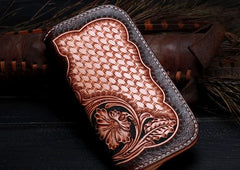 Handmade Leather Mens Tooled Floral Clutch Wallet Cool Wallet Long Wallets for Men Women - imessengerbags