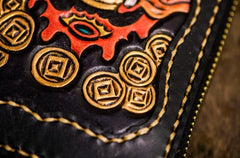 Handmade Leather Mens Tooled Monster Chain Biker Wallet Cool Leather Wallet Long Clutch Wallets for Men - imessengerbags