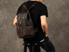Genuine Leather Mens Cool Backpack Sling Bag Large Coffee Travel Bag Hiking Bag for men - imessengerbags